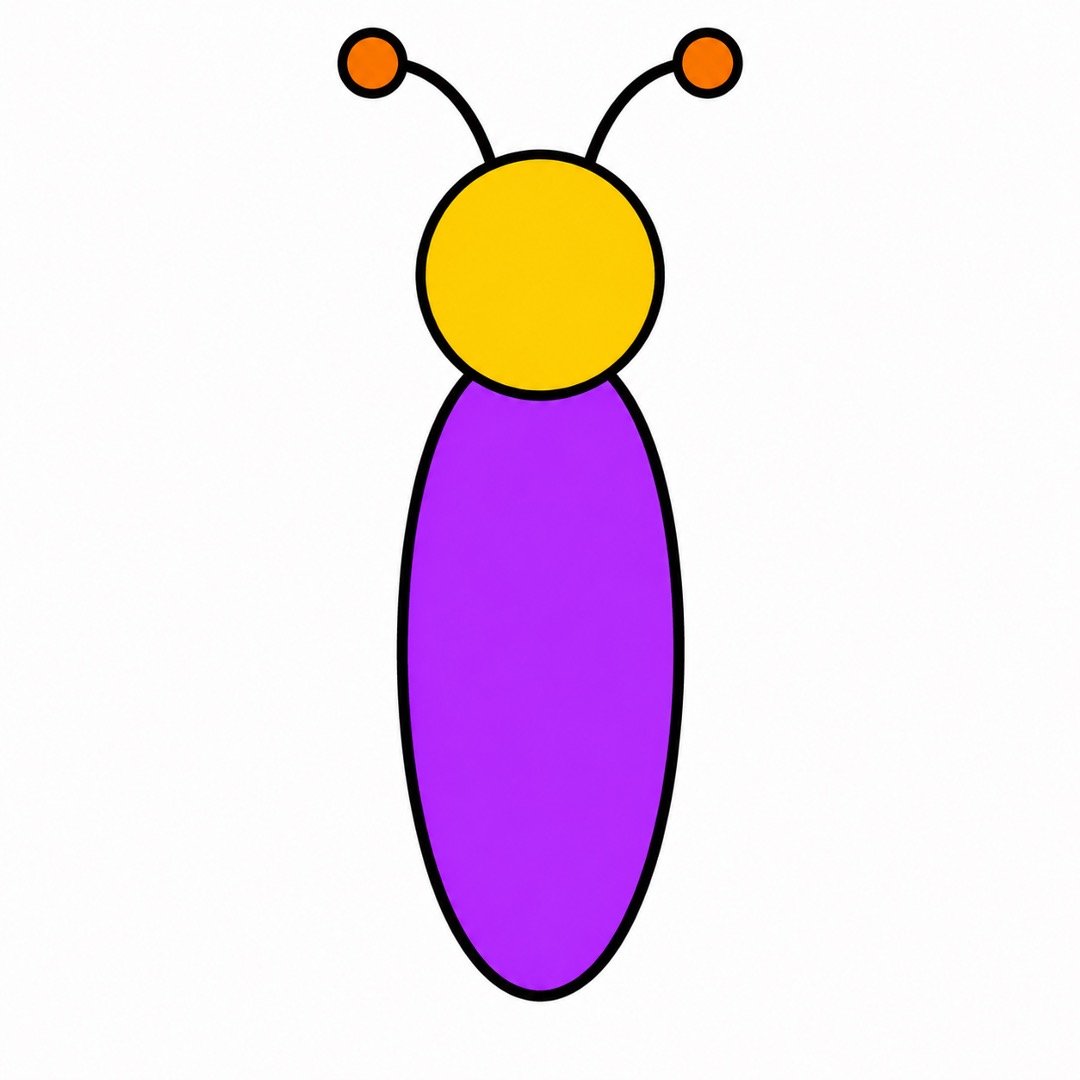 Butterfly drawing with Colour with a purple body, yellow head, and orange-tipped antennae.