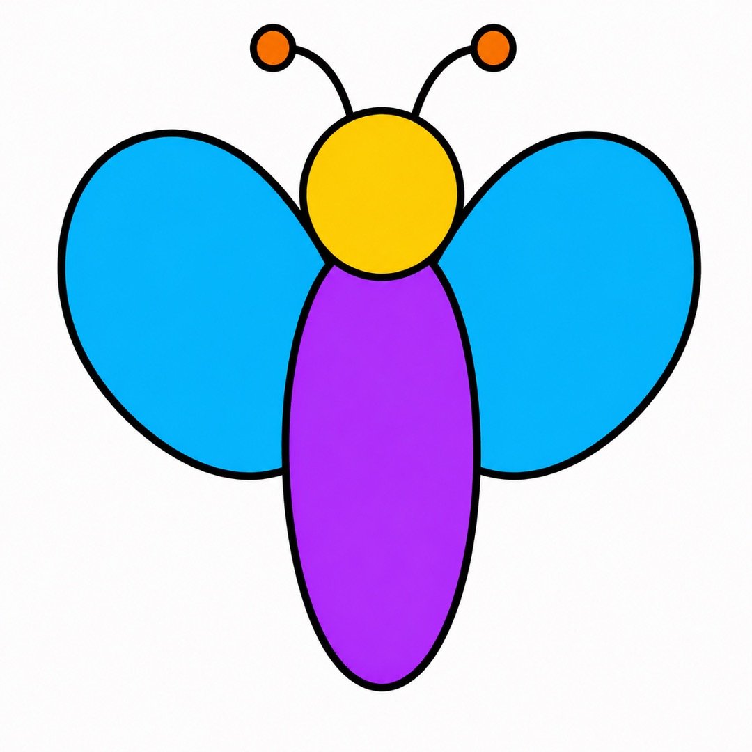 Butterfly drawing with Colour showing two large blue upper wings around the purple body.