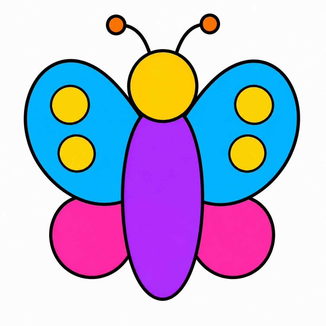 Butterfly drawing with Colour decorated with four yellow circles inside the blue wings.