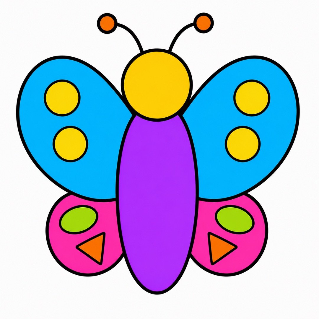 Butterfly drawing with Colour with green ovals and orange triangles decorating the lower wings.