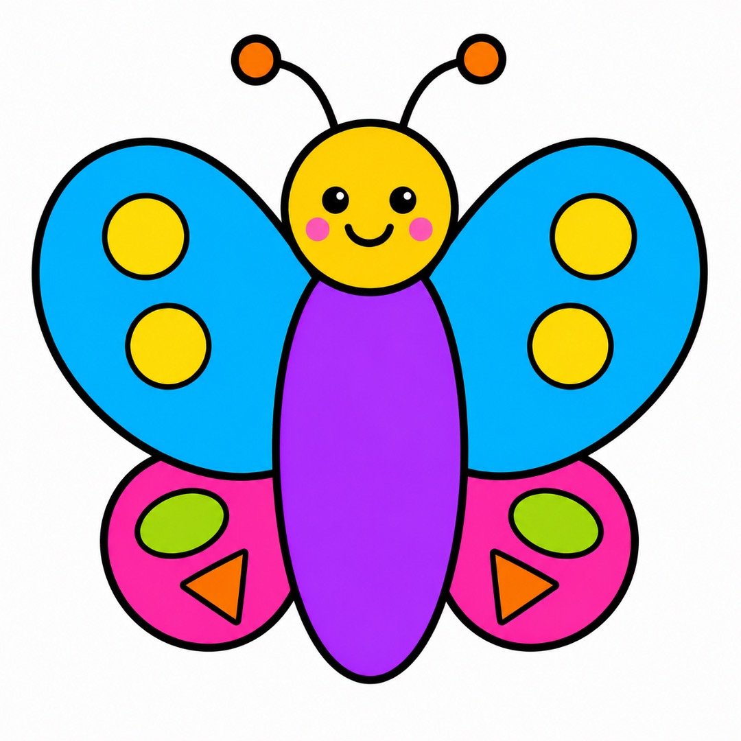 Completed Butterfly drawing with Colour featuring bright wings, simple patterns, and a happy face.