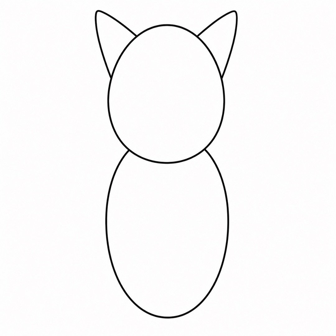 Step 3 showing the cat head, ears, and a large oval body.