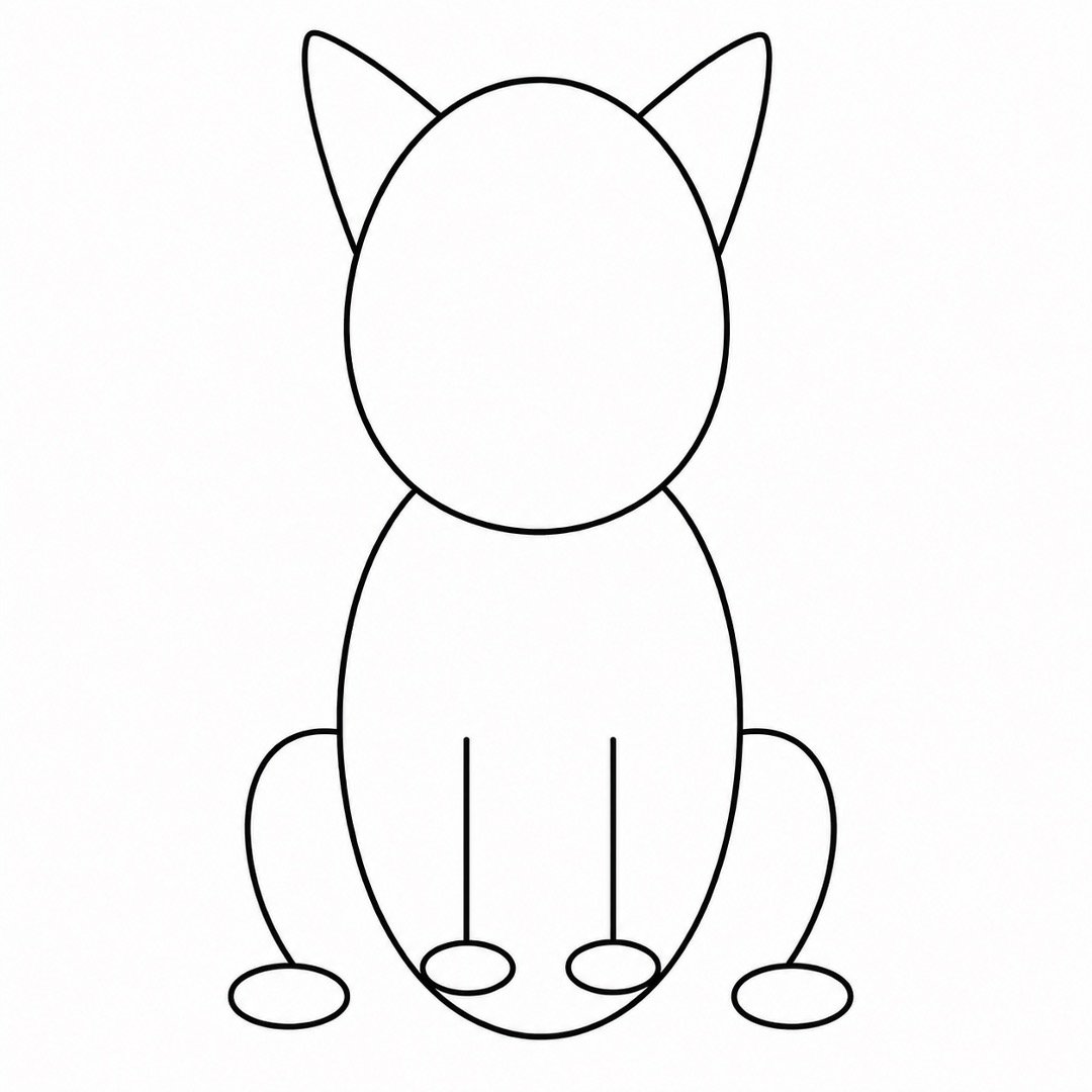Step 5 showing curved back legs and two side paws added to the cat.