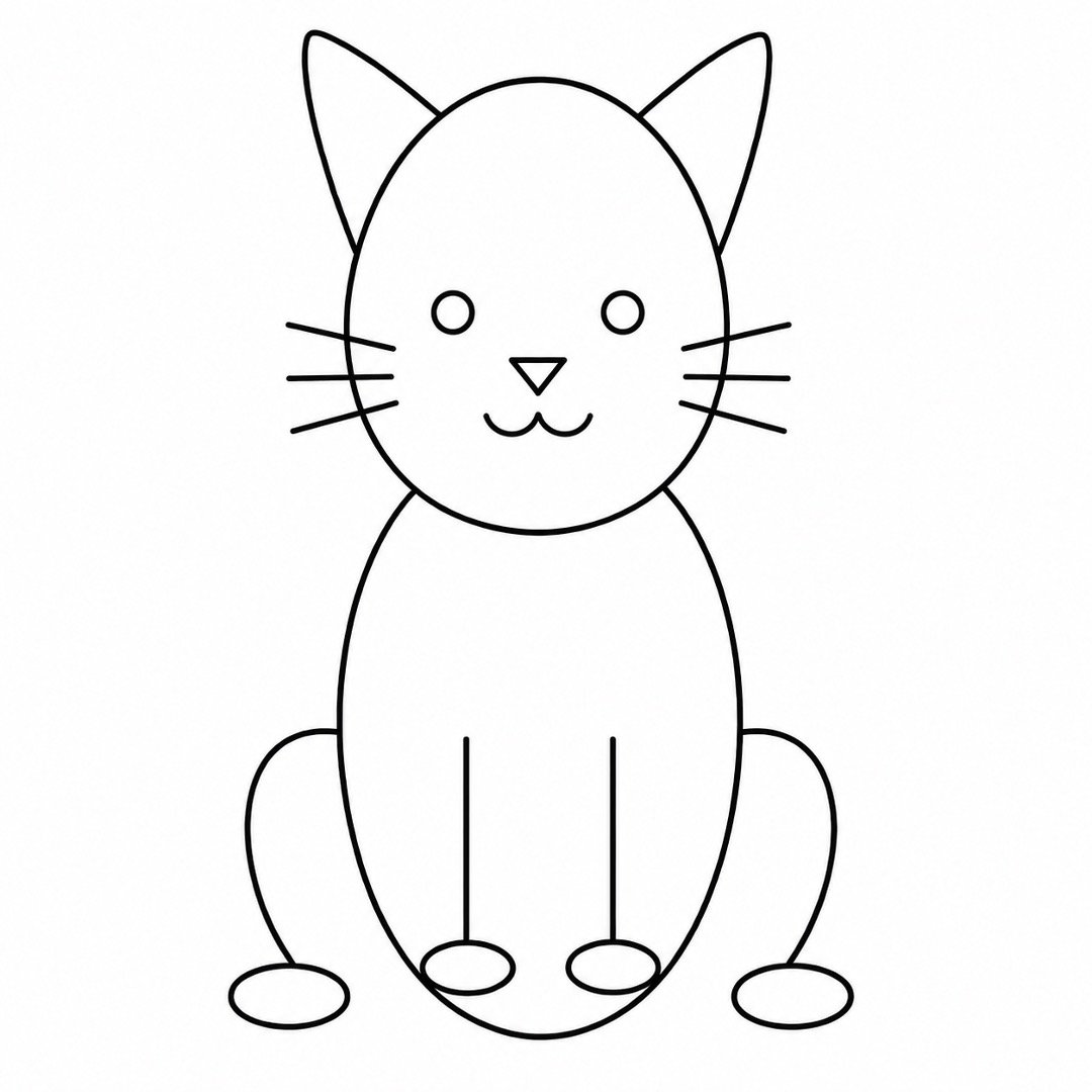 Step 6 showing the cat with simple circle eyes, a triangle nose, mouth, and whiskers.