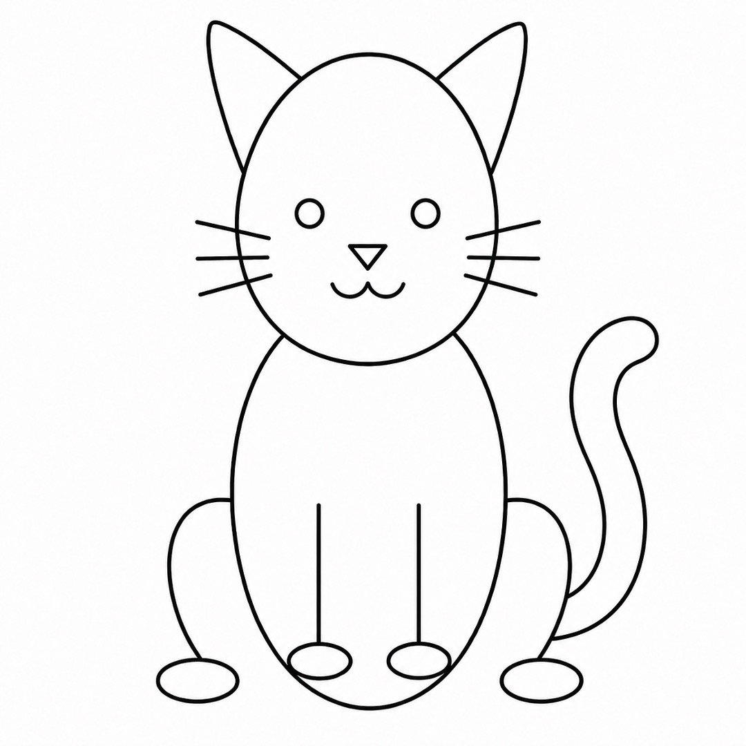 Step 7 showing the complete cat shape with a thick curled tail.