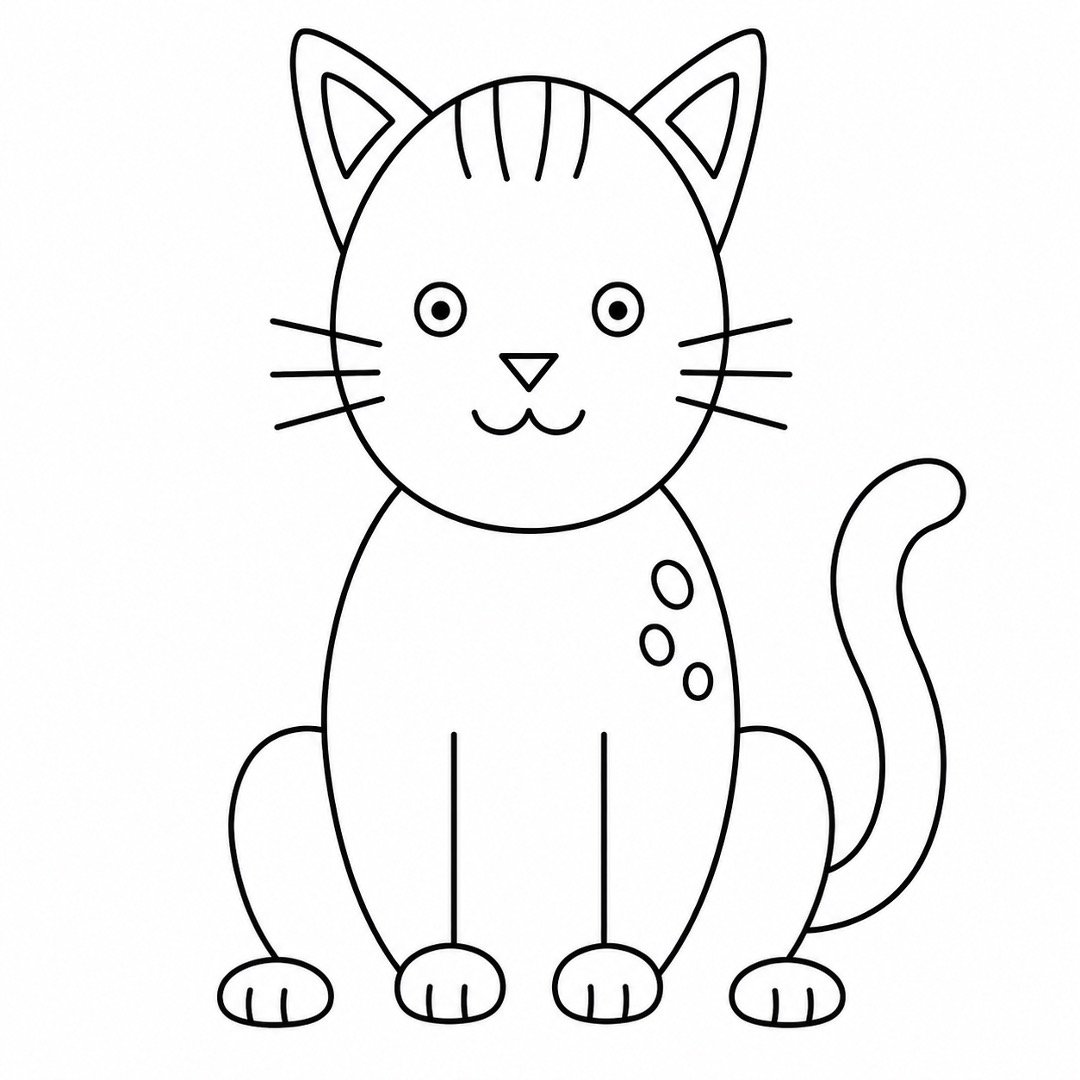 Step 8 showing the finished cute cat with inner ears, pupils, toes, and simple markings.