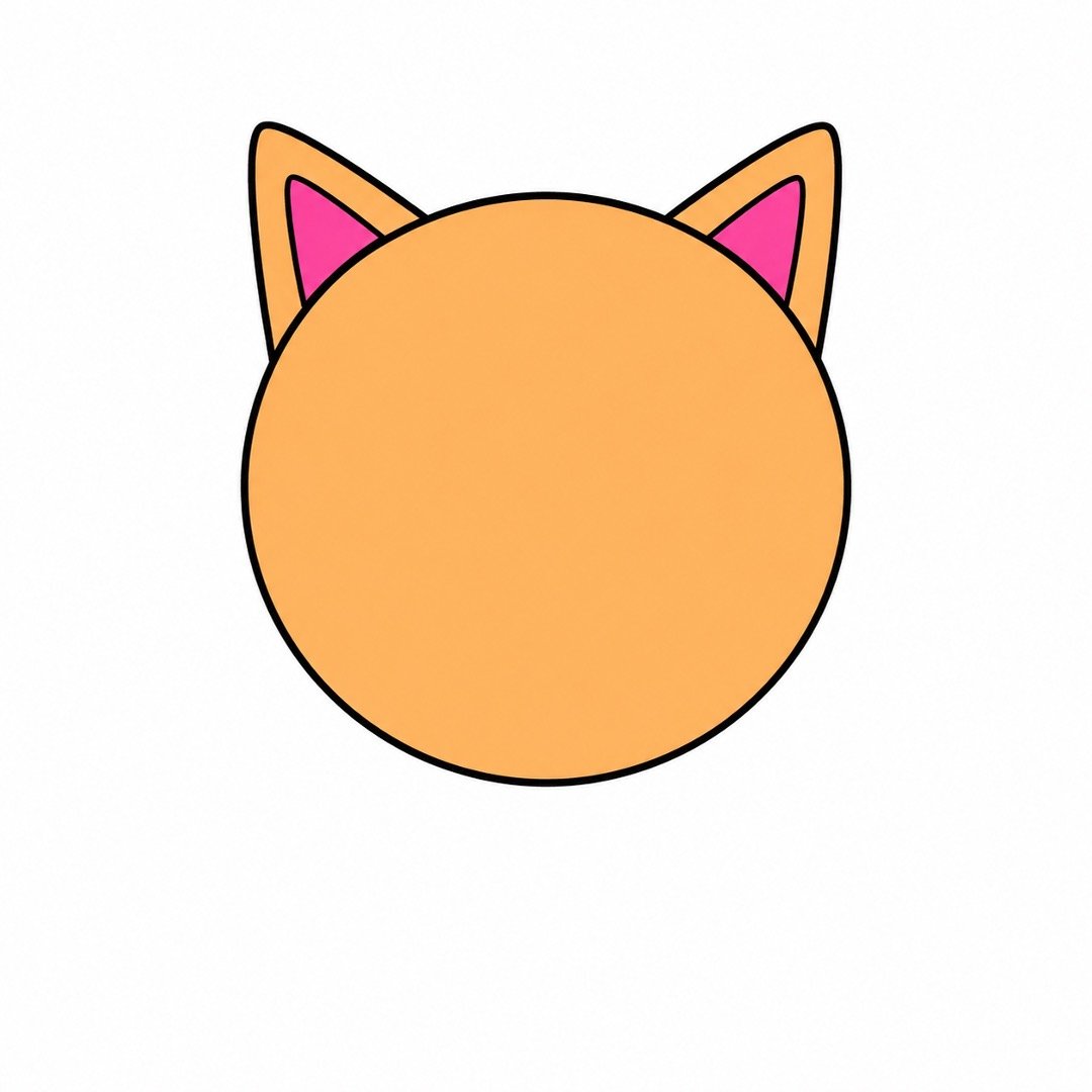 Step two of a Cat drawing with colour showing an orange round head with two pink-lined triangle ears.