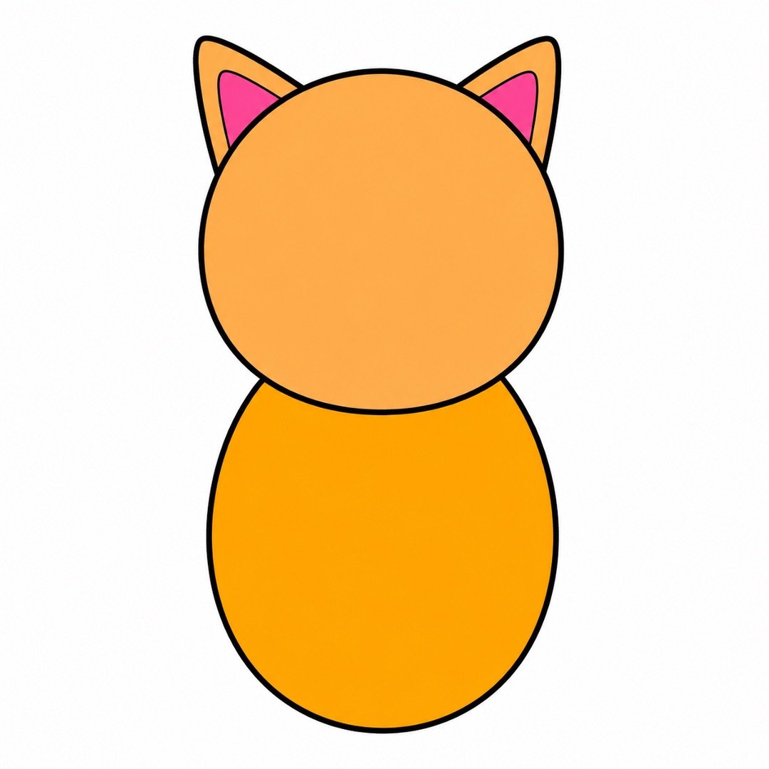 Step three of a Cat drawing with colour showing the round head, triangle ears, and golden-orange oval body.