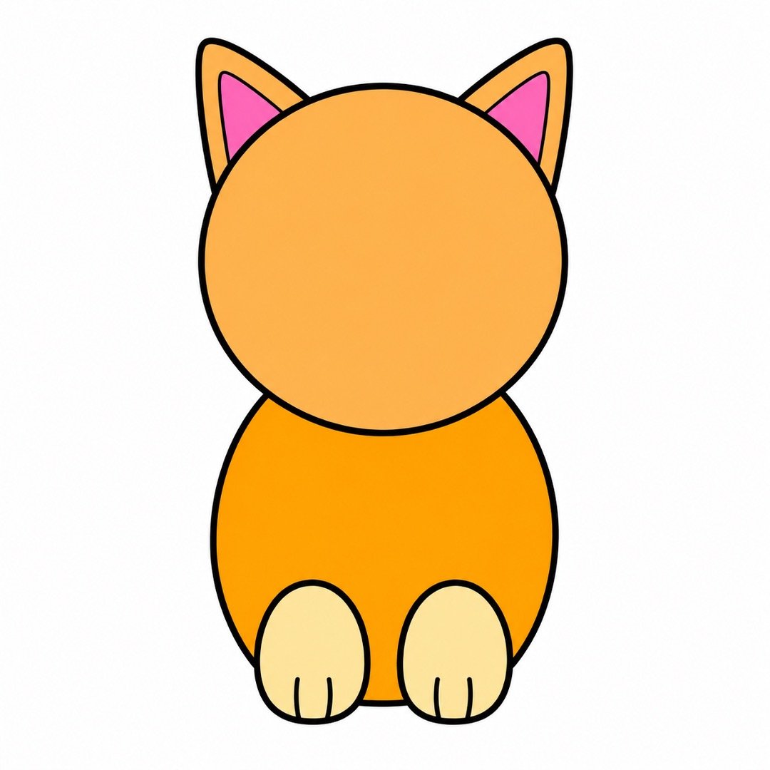 Step four of a Cat drawing with colour showing two simple cream oval paws below the orange body.