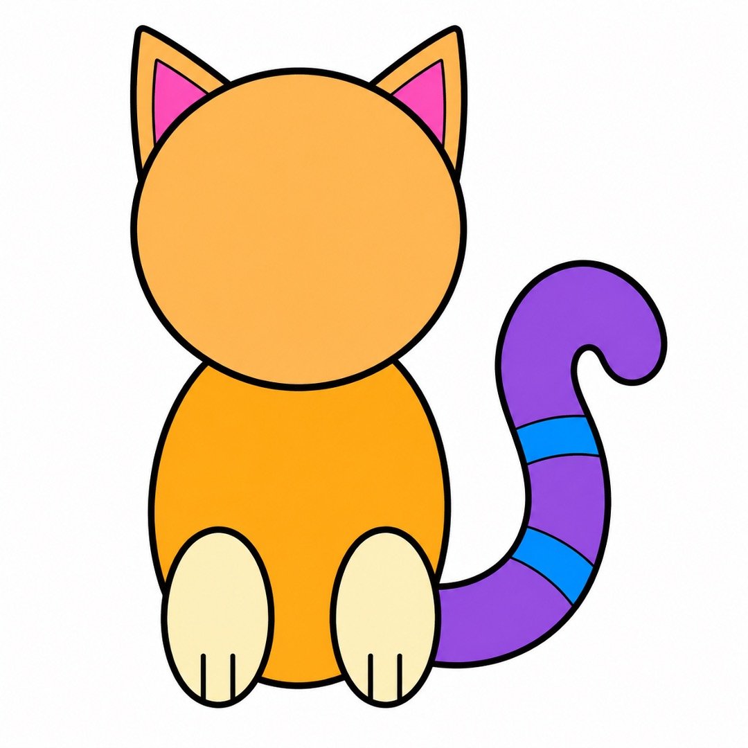 Step five of a Cat drawing with colour showing a purple curved tail with two blue bands.