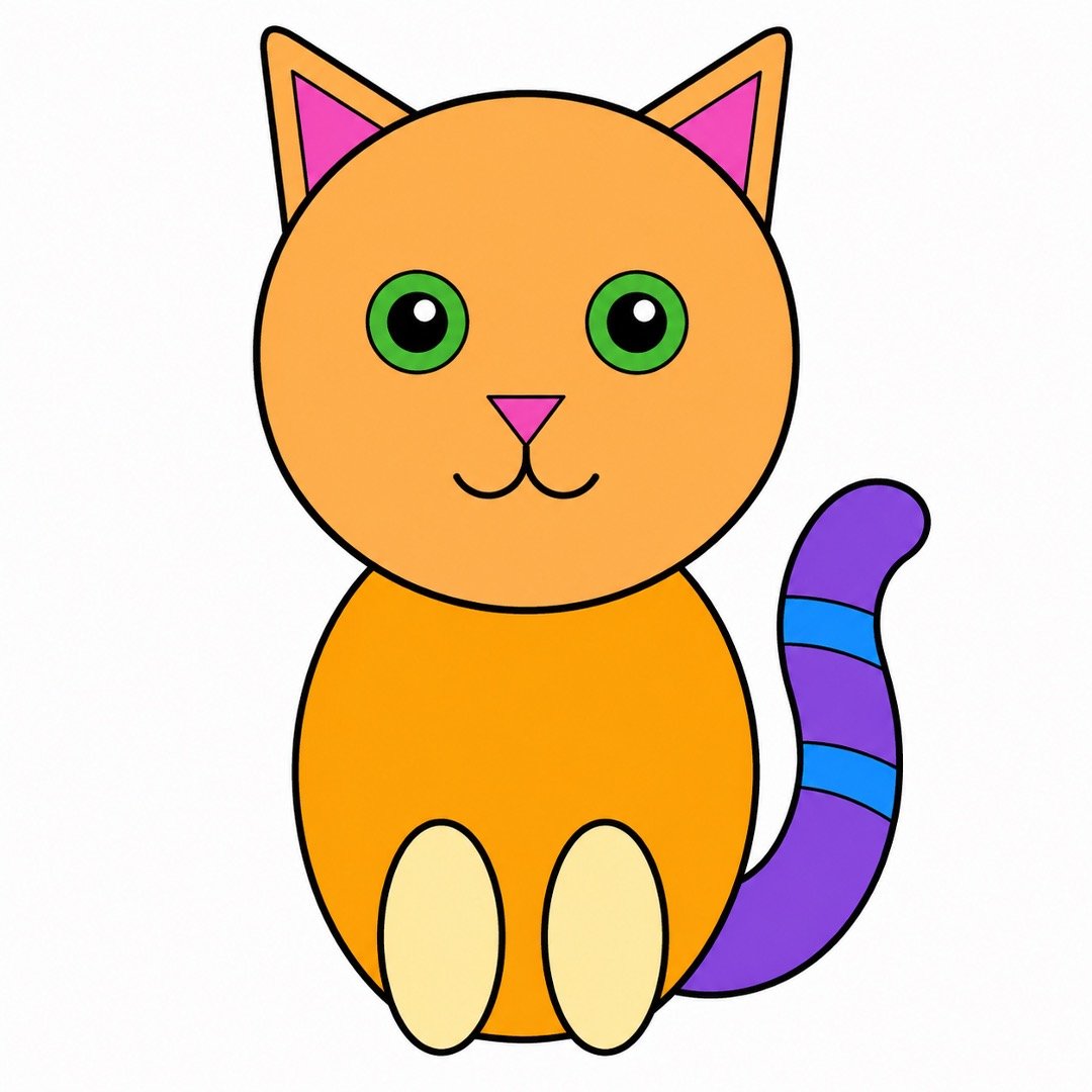 Step six of a Cat drawing with colour showing green eyes, a pink triangle nose, and a small smiling mouth.