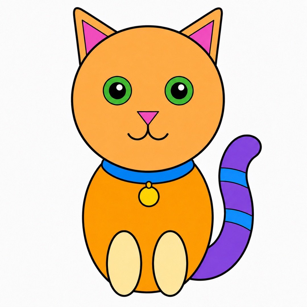 Step seven of a Cat drawing with colour showing a bright-blue collar and a round yellow tag.