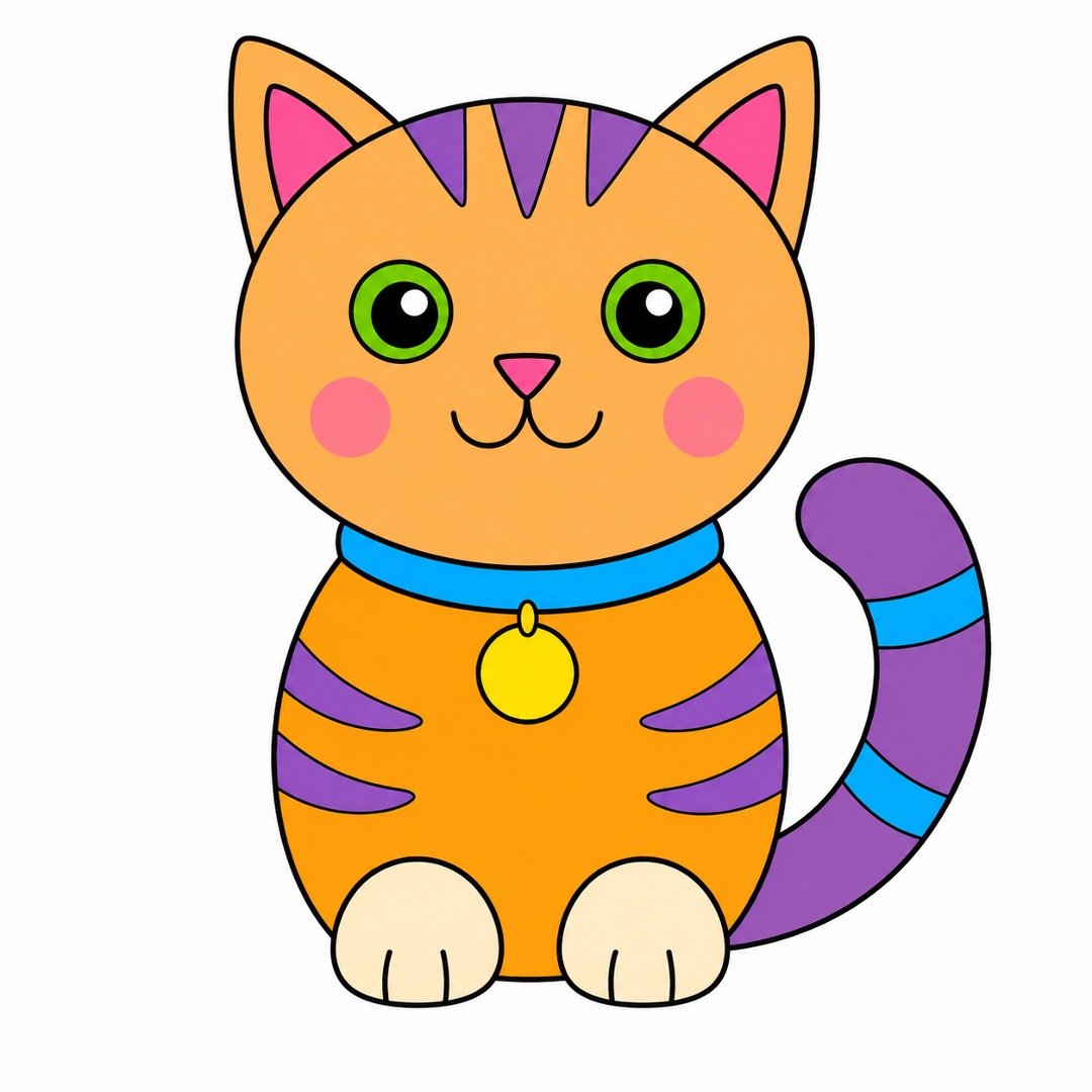 Completed Cat drawing with colour featuring an orange cat, green eyes, pink cheeks, a blue collar, purple stripes, and a colorful tail.