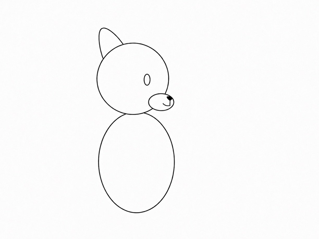 Beginner squirrel drawing with a simple oval eye, triangle nose, and curved smile.