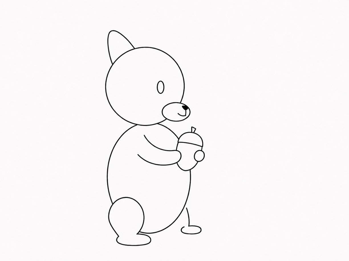 Cute squirrel outline holding a simple oval acorn between its curved arms.