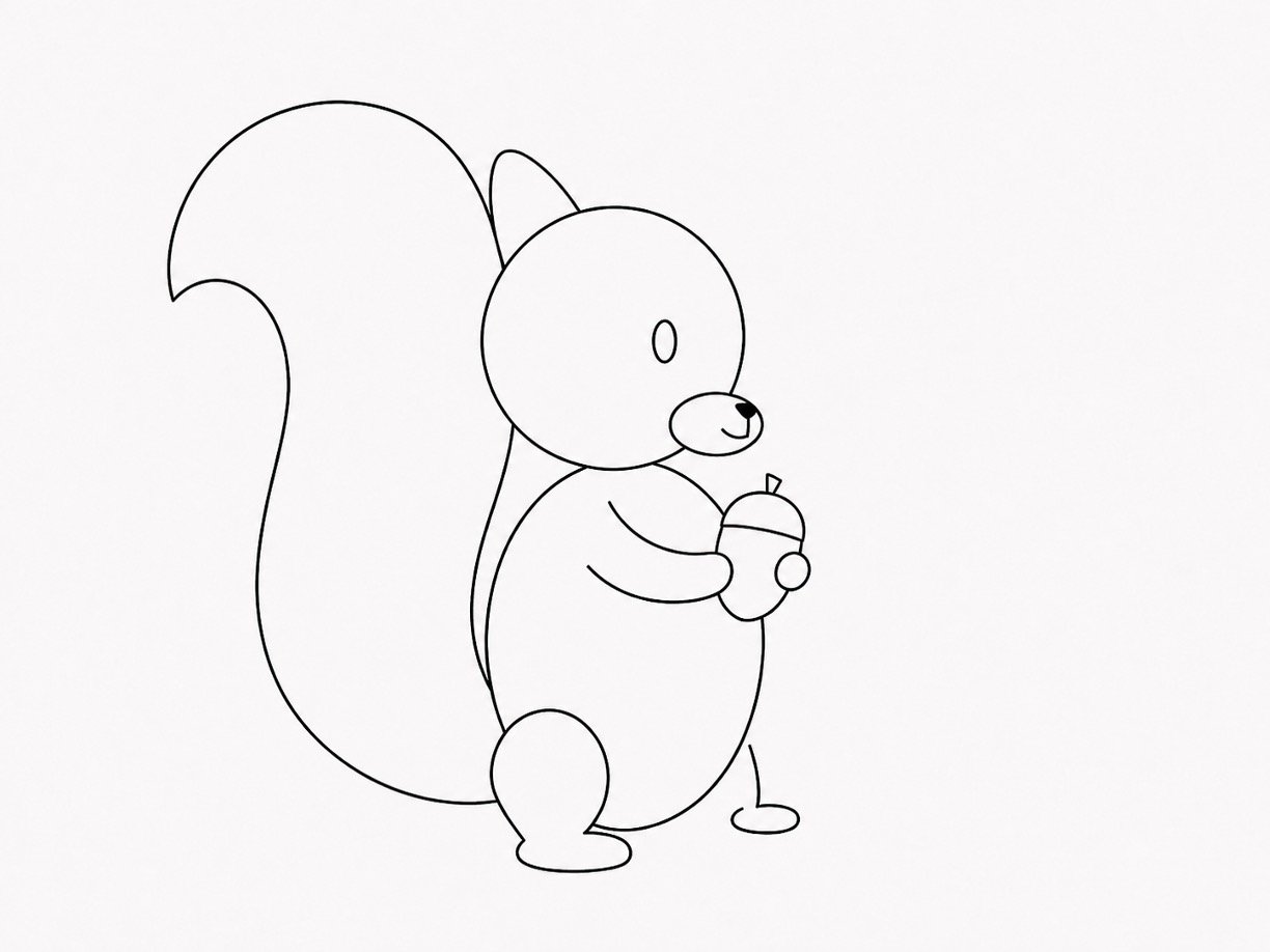 Squirrel drawing with a large curved tail rising behind its body.
