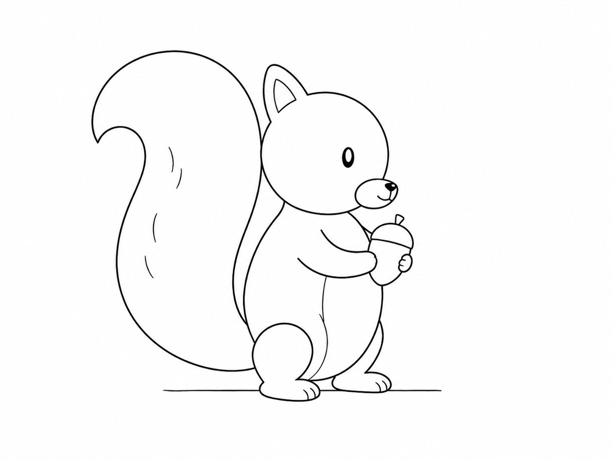 Finished squirrel drawing holding an acorn with a fluffy tail and simple details.