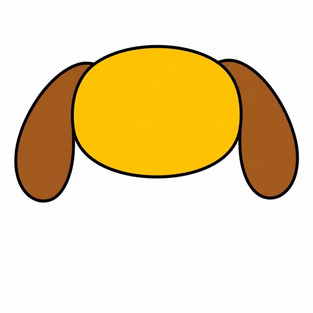 Step 2 of a Dog drawing with colour showing a golden head with two brown floppy ears.