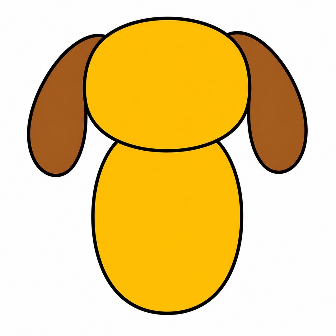Step 3 of a Dog drawing with colour showing the head, brown ears, and a golden oval body.