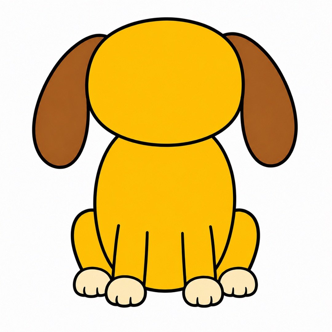 Step 4 of a Dog drawing with colour showing four simple legs with light cream paws.