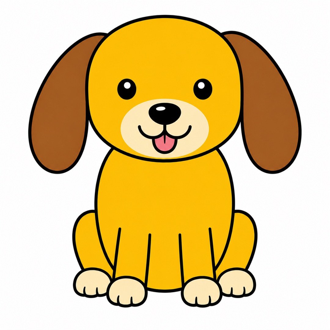 Step 5 of a Dog drawing with colour showing black eyes, a cream muzzle, and a pink tongue.
