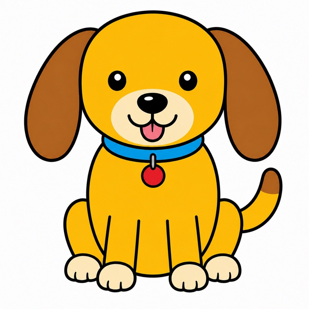 Step 7 of a Dog drawing with colour showing a bright blue collar and a red round tag.