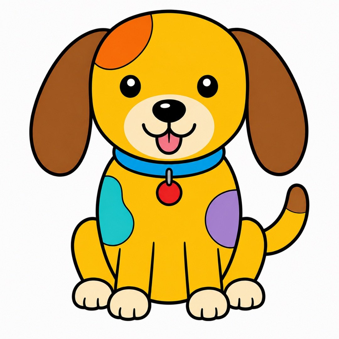 Completed Dog drawing with colour featuring a golden puppy with bright patches, a blue collar, and a happy face.
