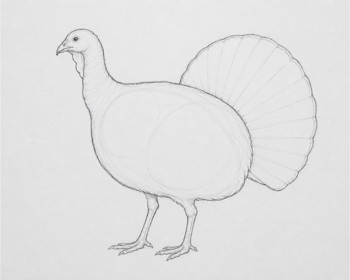 Refined side-view outline of a turkey built around faint basic shapes.