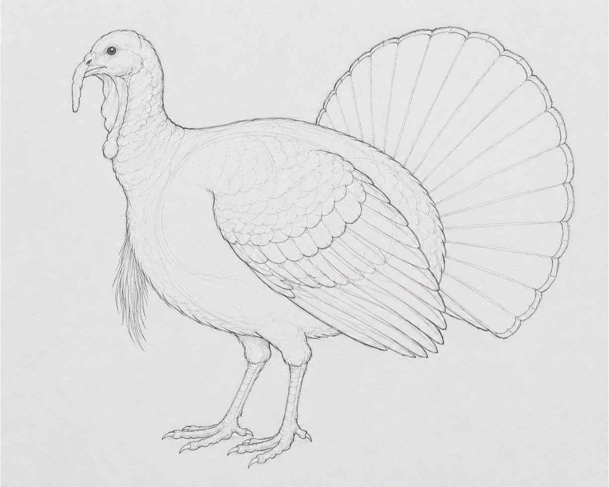 Turkey sketch with facial features, wing, tail sections, legs, toes, and chest beard.