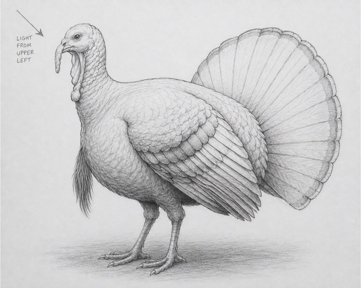 Turkey drawing with upper-left light and basic light, mid-tone, and dark shading.