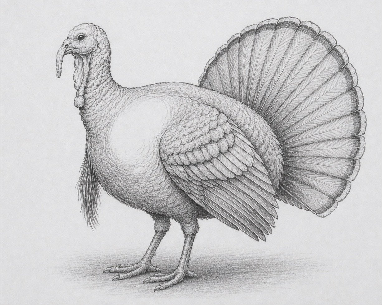 Realistic feather texture added to a shaded turkey’s body, wing, tail, and neck.