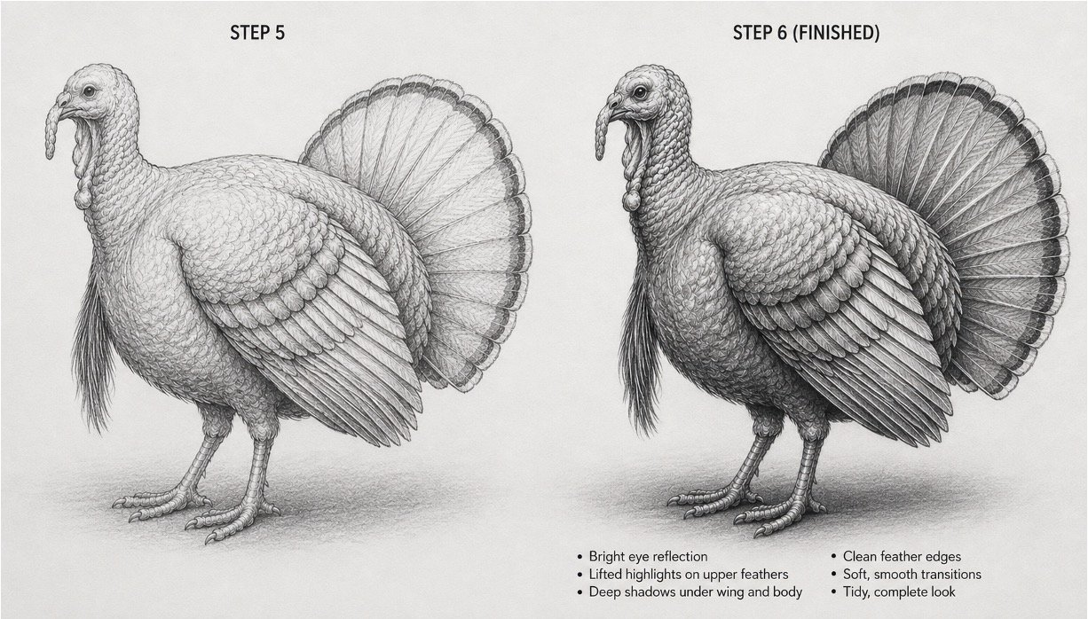 Finished realistic turkey pencil drawing with feather highlights and deep shadows.