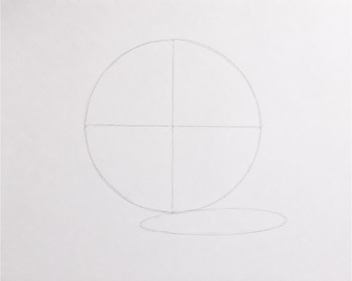 Light HB circle with center guides and a small oval shadow for a realistic volleyball drawing.