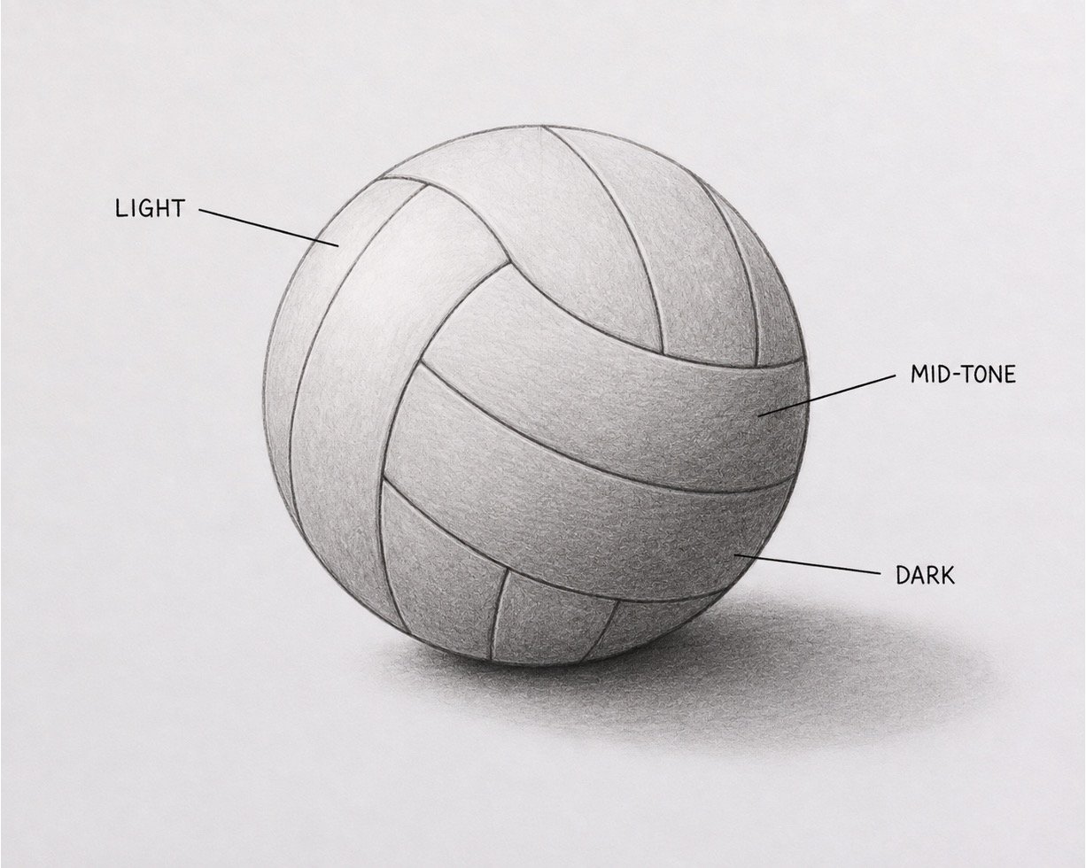 Graphite volleyball with light, mid-tone, dark shading, and a cast shadow to the lower right.