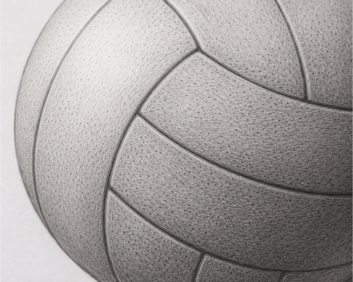 Close-up of volleyball panel seams and subtle pebbled surface texture drawn in graphite.