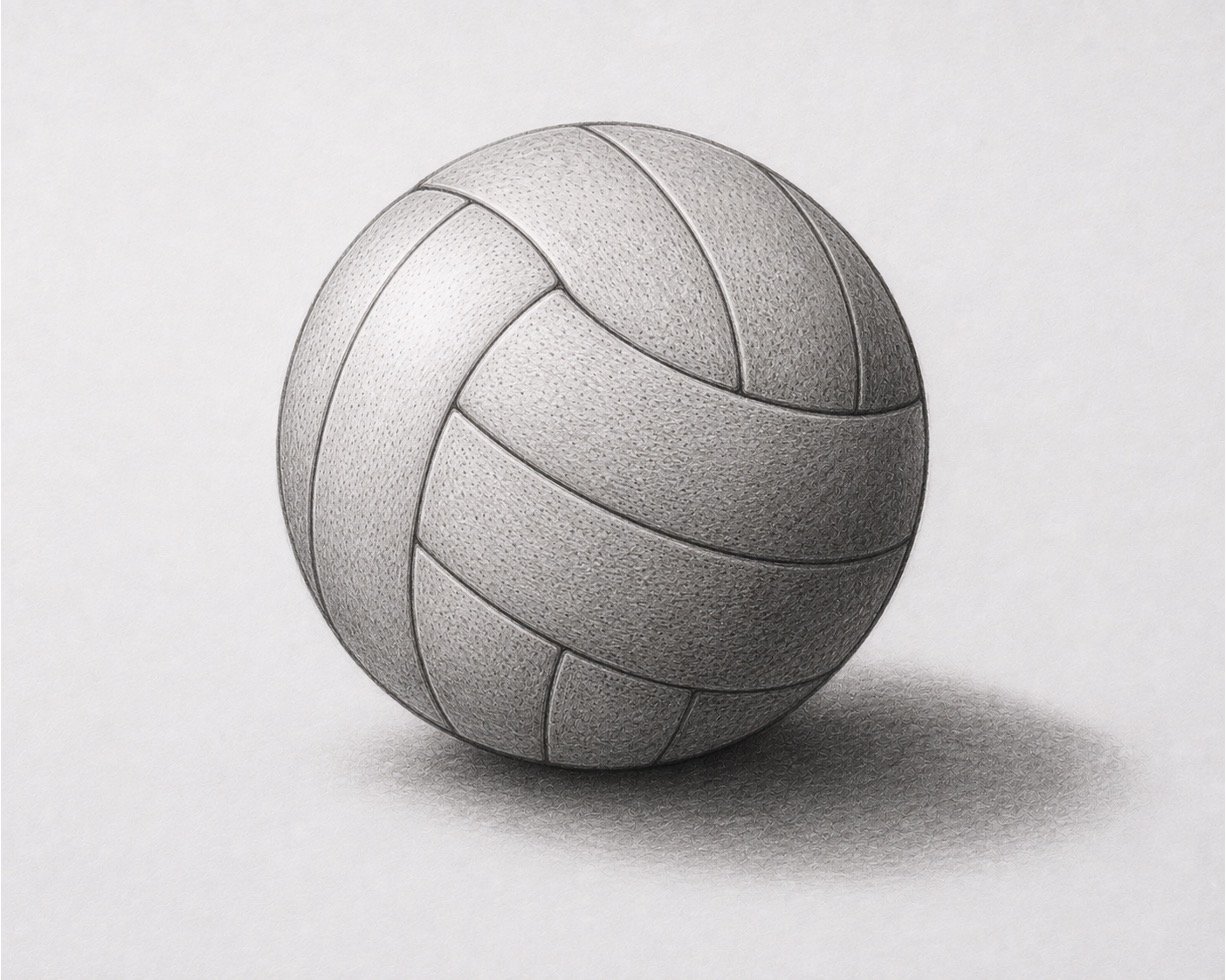 Finished realistic volleyball pencil drawing with blended shading, highlights, seams, and shadow.