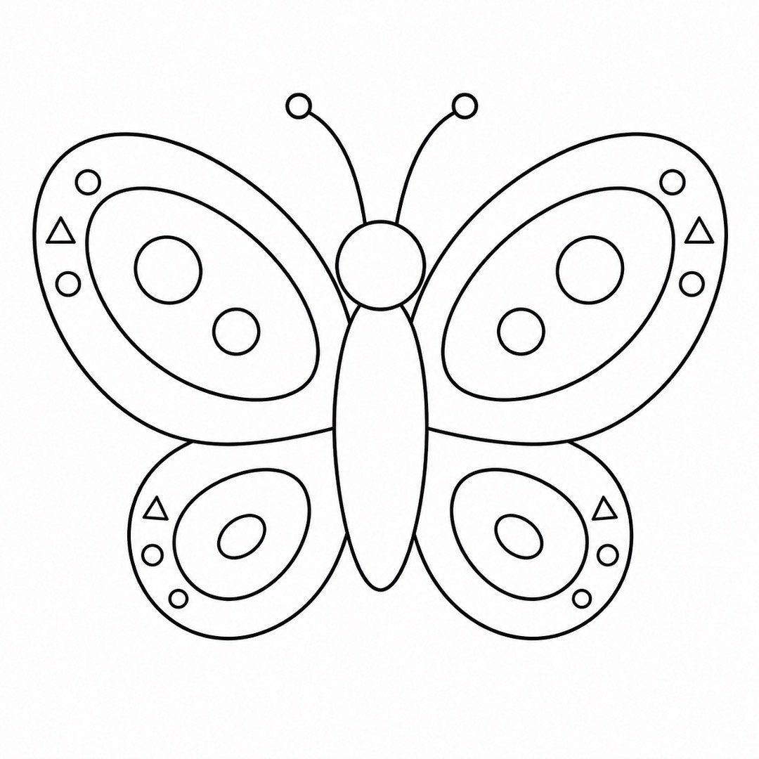Butterfly wings decorated with matching circles, ovals, and small triangles.