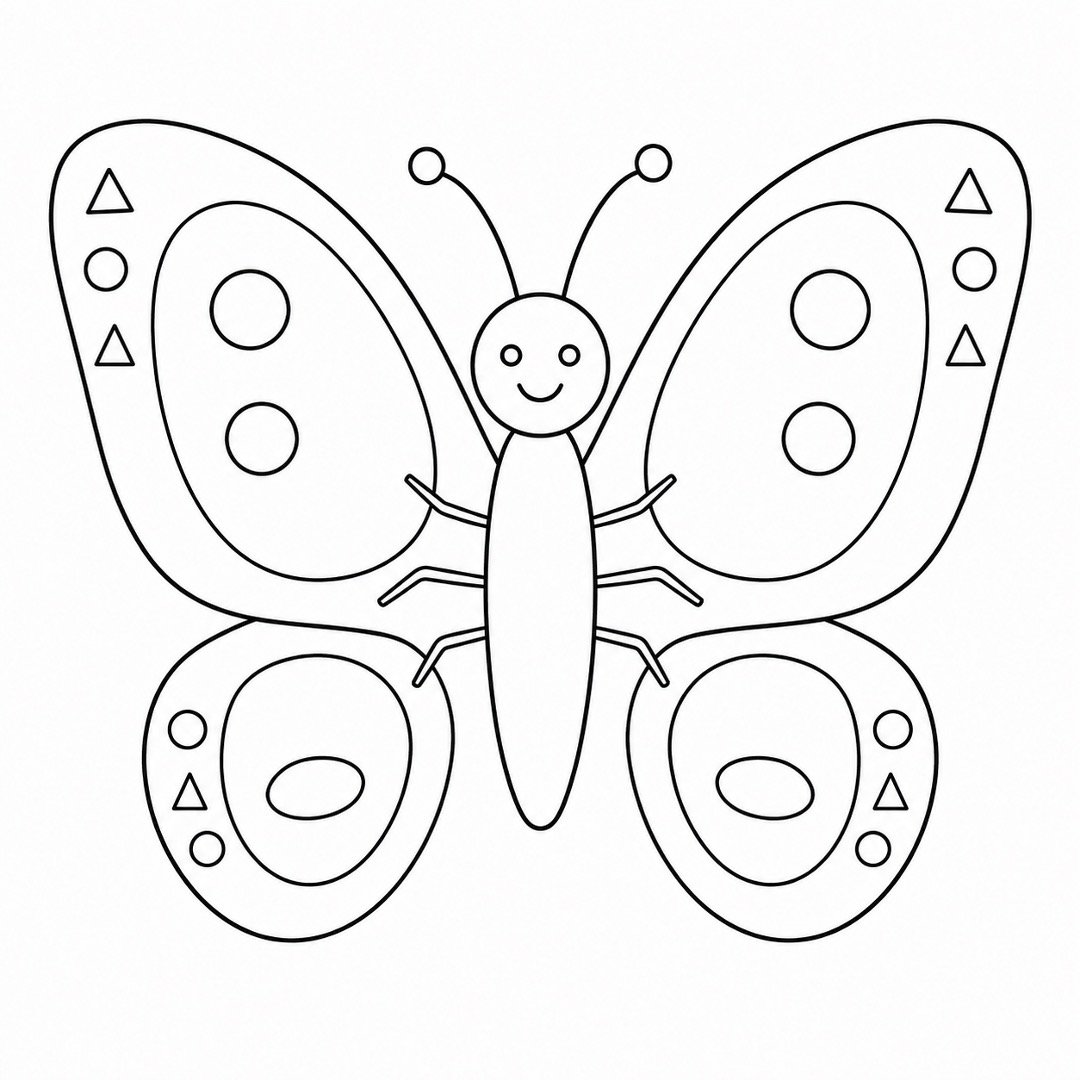 Finished smiling butterfly with patterned wings, antennae, and six simple legs.