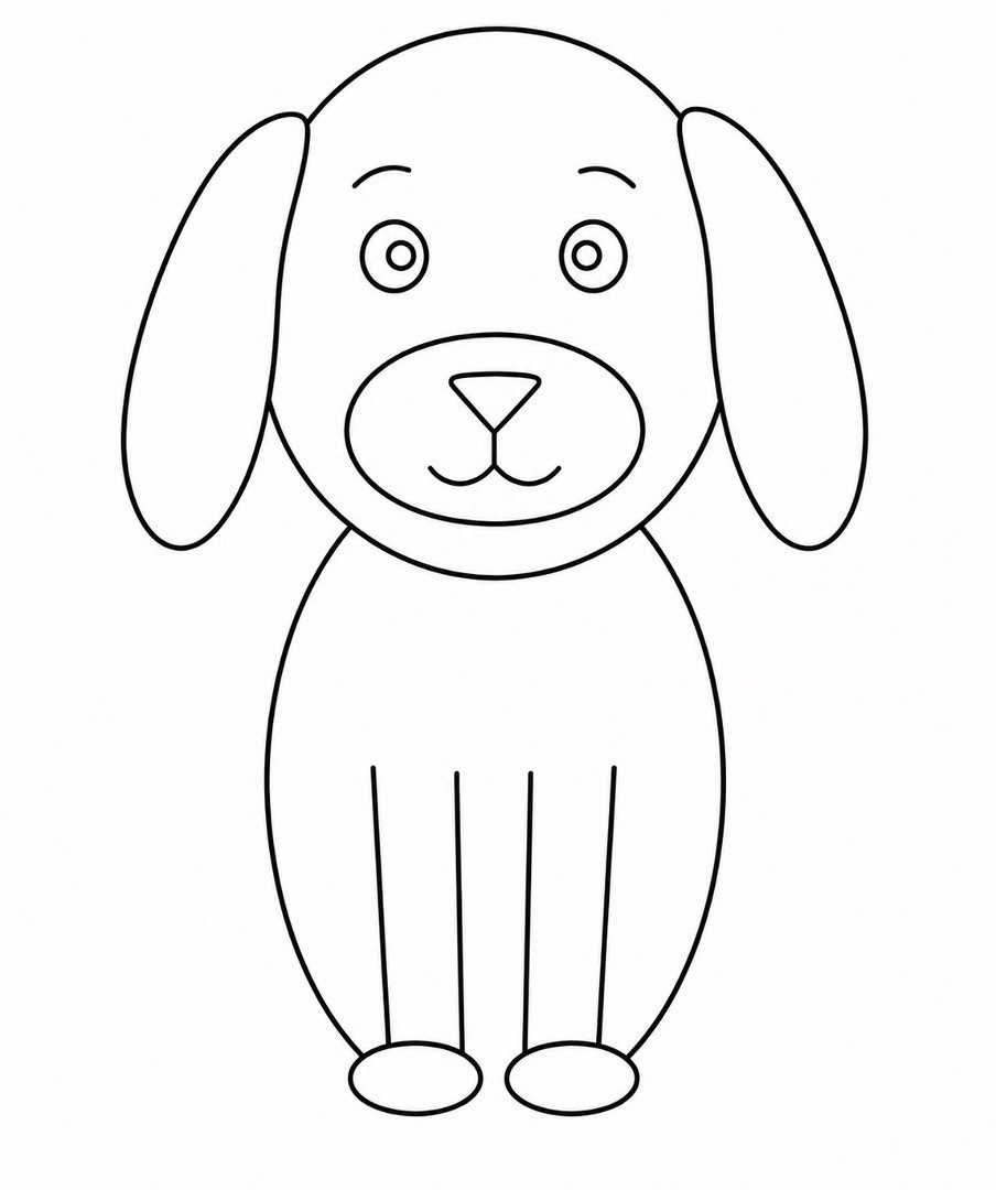 Seated dog with two straight front legs and small oval paws.