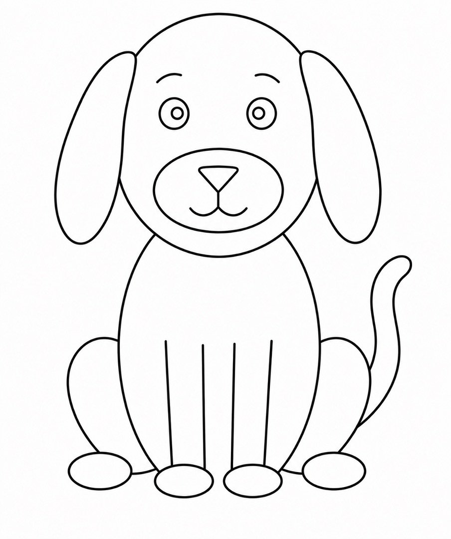 Seated puppy with curved back legs, four oval paws, and a raised tail.
