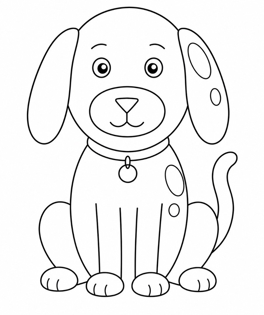 Completed cute dog drawing with collar, tag, toe lines, and oval spots.