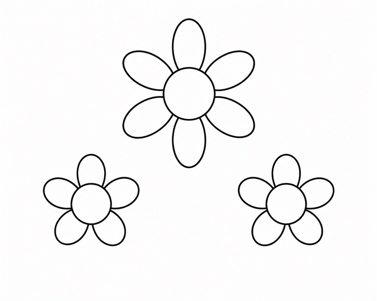 Three simple flowers made from round centers and oval petals.