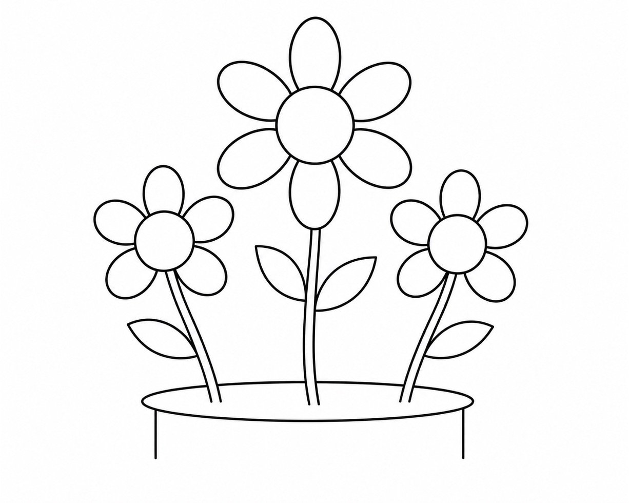 A wide oval added beneath the flowers to begin the flowerpot.