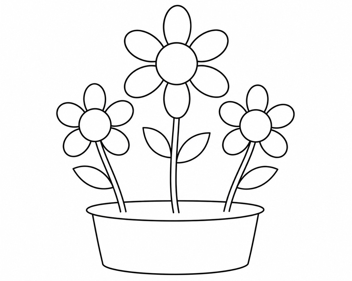 Three flowers growing from a completed flowerpot shape.