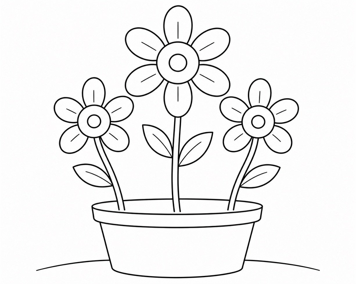 Finished flowers drawing with petal lines, leaf details, and a flowerpot.