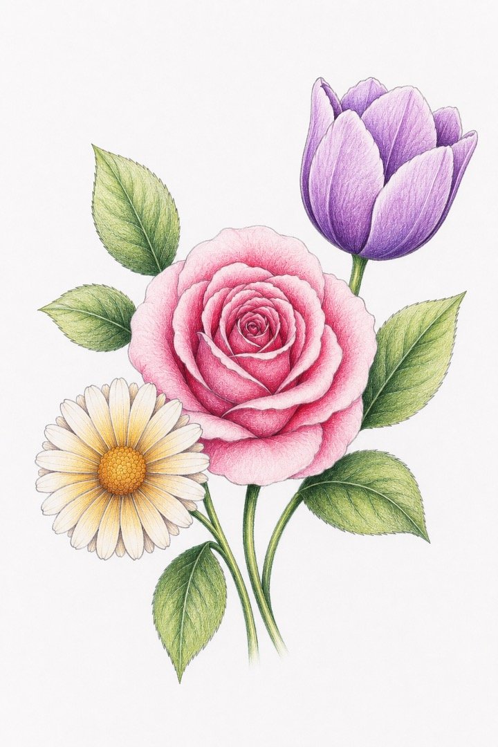Easy Realistic Colourful Flowers Drawing Tutorial