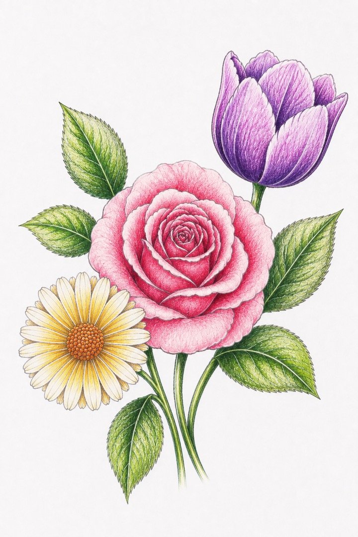 Easy Realistic Colourful Flowers Drawing Tutorial