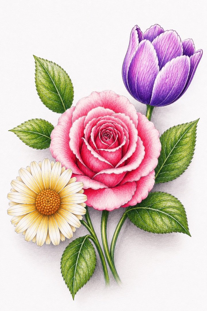 Easy Realistic Colourful Flowers Drawing Tutorial