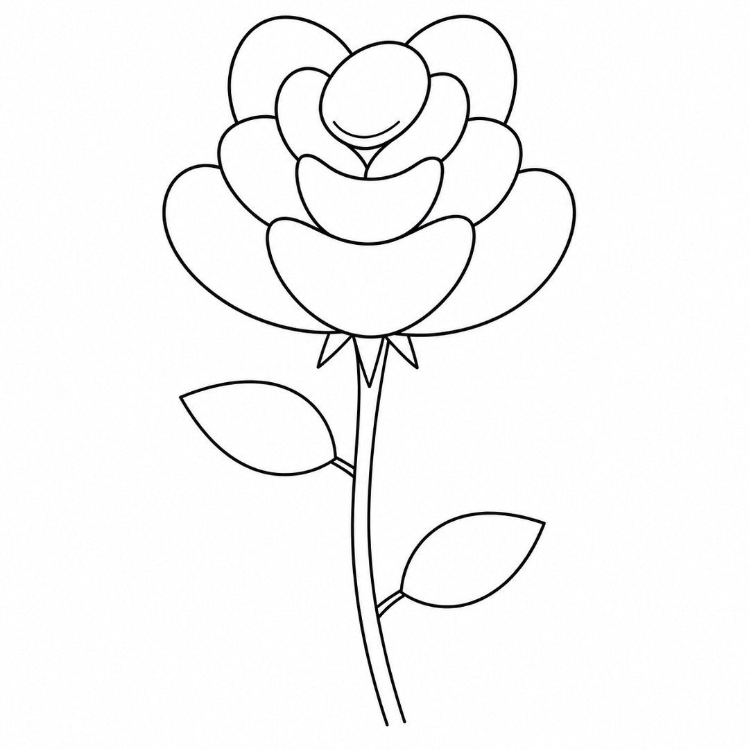 Rose with a curved stem and one pointed leaf on each side.