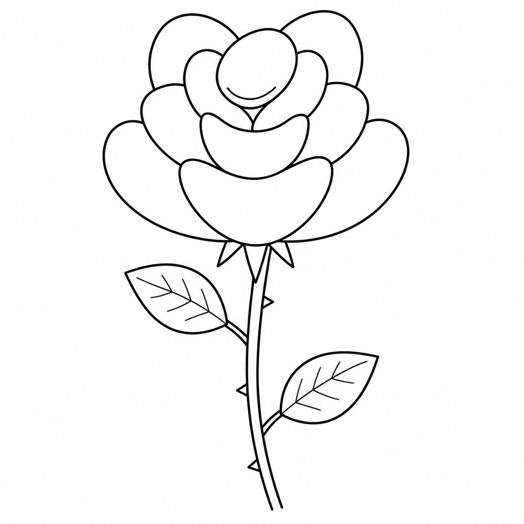 Finished rose drawing with layered petals, leaves, veins, and small thorns.